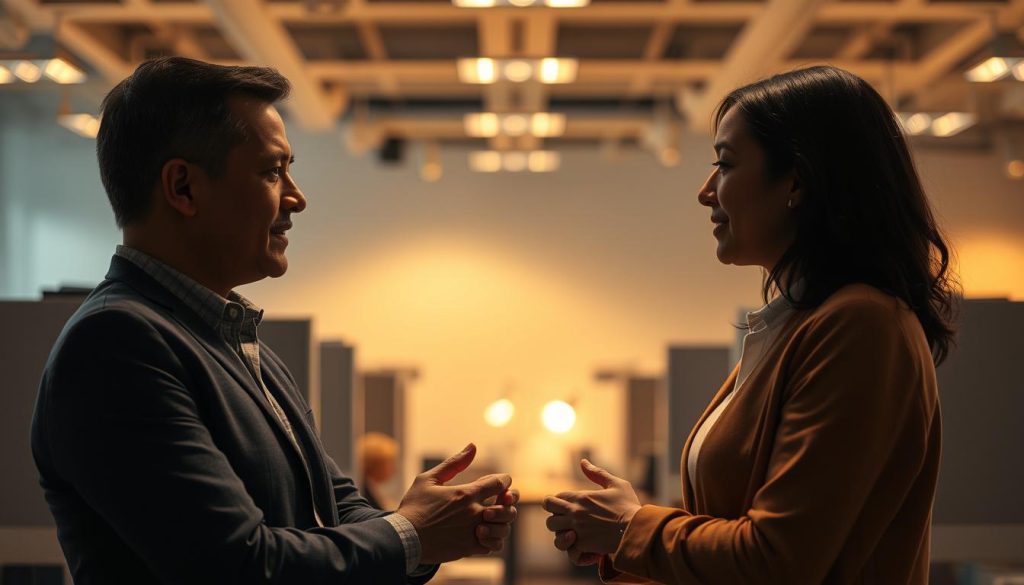A dimly lit office setting, with warm lighting casting a soft glow. In the foreground, two coworkers engaged in a meaningful conversation, their body language conveying empathy and understanding. Their faces express compassion as they listen intently to one another, hands clasped, creating a sense of connection and trust. The middle ground features a backdrop of cubicles and desks, suggesting the corporate environment, but the focus remains on the interpersonal dynamic. The atmosphere is one of emotional intelligence, where individual needs and perspectives are acknowledged, fostering a positive and collaborative workplace culture.
