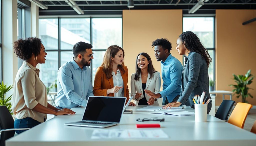 A diverse group of professionals collaborating in a bright, modern office. In the foreground, three coworkers are gathered around a table, engaged in an animated discussion, their body language and expressions conveying a sense of teamwork and shared purpose. The middle ground features a large, sleek desk with a laptop, documents, and office supplies, hinting at the productivity and career development happening within this space. In the background, floor-to-ceiling windows allow natural light to flood the room, creating a warm, inviting atmosphere. The overall scene evokes a sense of camaraderie, innovation, and growth, perfectly capturing the essence of "Teamwork and Career Development".