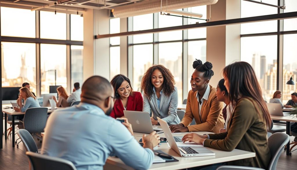 A diverse group of professionals engaged in collaborative work in a modern, well-lit office environment. In the foreground, colleagues of different races, genders, and ages are gathered around a table, engaged in animated discussion. The middle ground features a variety of work stations, with employees typing on laptops and exchanging ideas. The background showcases large windows overlooking a vibrant city skyline, bathed in warm, natural light. An atmosphere of openness, respect, and inclusion permeates the scene, reflecting the dynamics of a truly diverse and collaborative workplace.