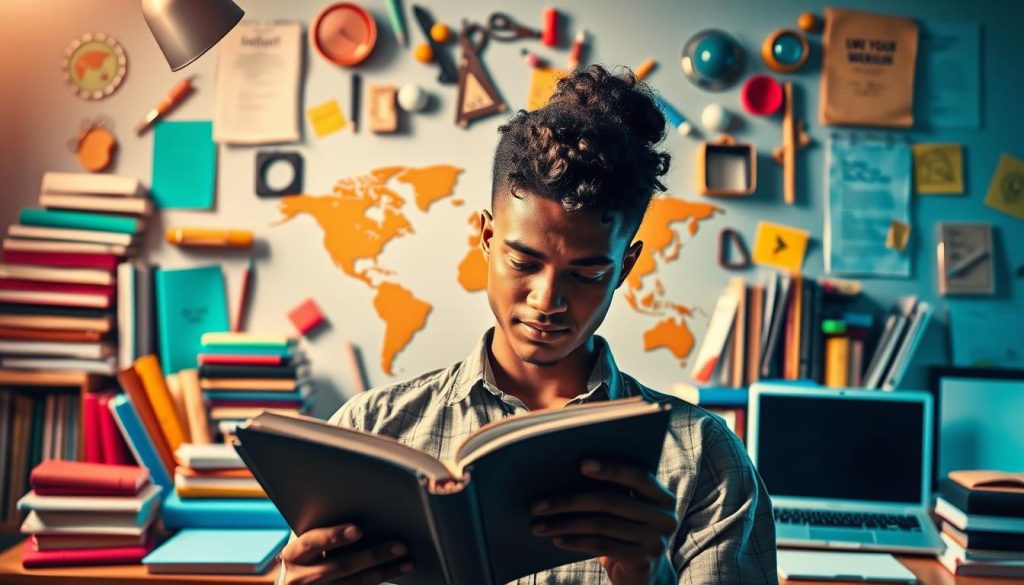 A dynamic, uplifting scene of lifelong learning and professional growth. In the foreground, a person engrossed in a book, a symbol of their commitment to continuous learning. Behind them, a vibrant array of books, laptops, and stationery, representing the diverse tools and resources fueling their intellectual journey. In the middle ground, a stylized world map, hinting at the global scale of their ambitions and the boundless opportunities for growth. The lighting is warm and inviting, casting a glow of inspiration and optimism. The overall atmosphere conveys a sense of purpose, determination, and the belief that through sustained effort and self-improvement, one can unlock their full potential and advance their career.