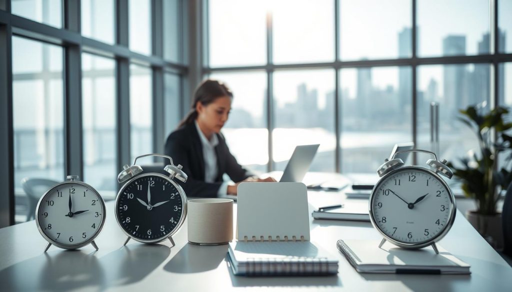 A modern office interior with abundant natural light streaming through large windows. In the foreground, a professional-looking person sitting at a well-organized and minimalist desk, working intently on a laptop. The middle ground showcases various time management tools and productivity accessories, such as a sleek analog clock, a digital timer, and a minimalist planner. In the background, a serene city skyline is visible, emphasizing the ideas of efficiency, order, and work-life balance. The scene conveys a sense of focus, organization, and the benefits of good time management practices in a workplace setting.