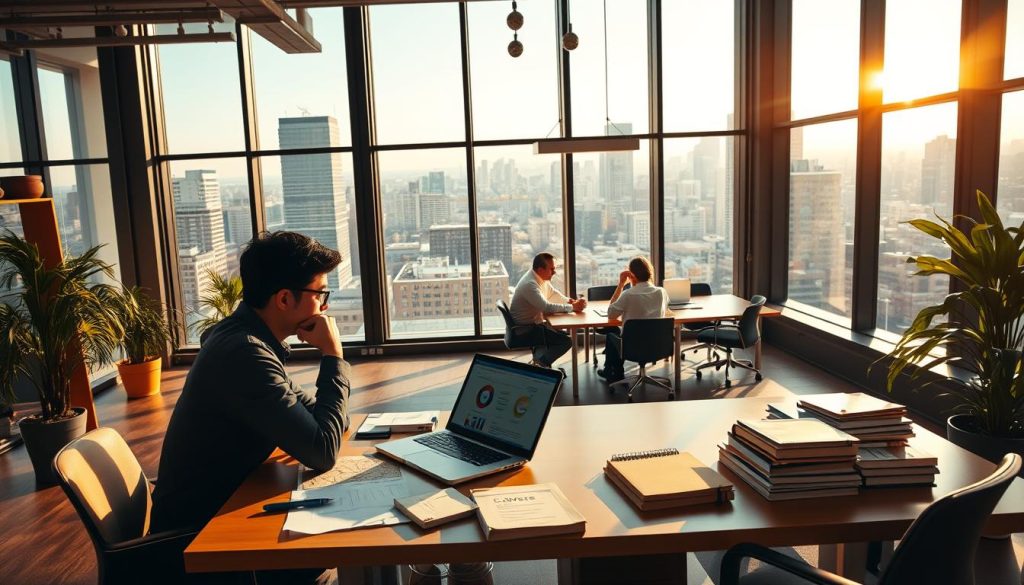 A panoramic view of a modern office workspace, bathed in warm, natural lighting from large windows. In the foreground, a person sits at a desk, deep in thought, surrounded by inspirational notes, career-related books, and a laptop displaying a presentation. In the middle ground, colleagues collaborate at a conference table, engaged in a lively discussion. In the background, a vibrant cityscape can be seen through the windows, symbolizing the boundless opportunities for growth and development. The overall scene conveys a sense of focus, progress, and the alignment of personal strengths with professional aspirations.