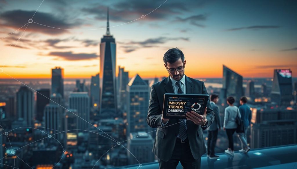 A bustling city skyline at dusk, with dynamic networking cables and data streams weaving through the urban landscape. In the foreground, a professional figure stands confidently, studying a tablet display showcasing emerging industry trends and career advancement opportunities. The middle ground features a diverse group of individuals engaged in collaborative discussions, representing the collaborative nature of the modern networked world. The background is bathed in a warm, ambient lighting, conveying a sense of progress and forward momentum. Cinematic camera angles and a sense of depth create a visually striking, inspirational composition.