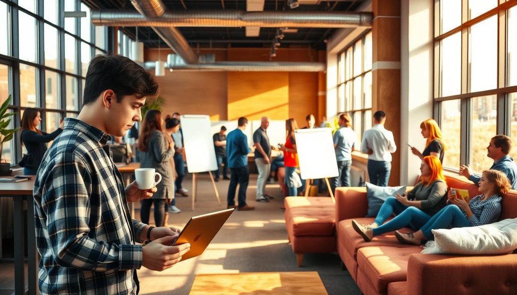 A bustling coworking space, with individuals collaborating at standing desks and lounging on plush couches. Warm, natural lighting filters through large windows, casting a golden glow on the scene. In the foreground, a young professional reviews a laptop, while a colleague hands them a cup of coffee. In the middle ground, a group brainstorms ideas on a whiteboard, their faces alight with enthusiasm. In the background, others engage in animated discussions, networking and exchanging business cards. An atmosphere of creativity, opportunity, and productive energy permeates the space.